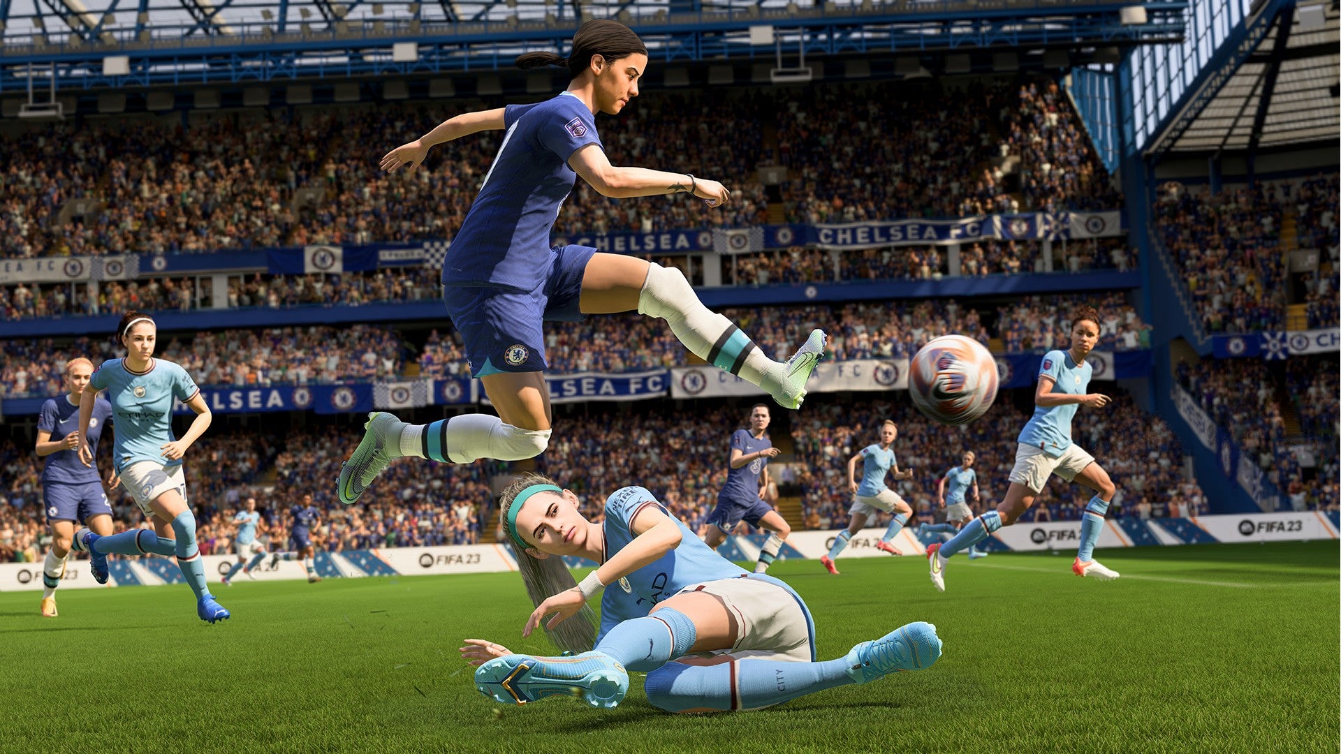 Fifa 23 image showing the women&rsquo;s Chelsea and Manchester City squads running along the pitch.