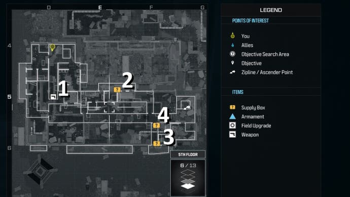 tactical map view of weapon and item supply box locations on the fifth floor of the highrise level