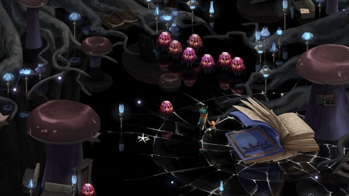 A Figment 2 screenshot showing an area of ‘discarded opinions’ with black marble floors and sprouting mushrooms