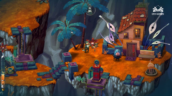 A Figment 2 screenshot showing Dusty and piper standing outside a small house with banjos sprouting from it’s roof