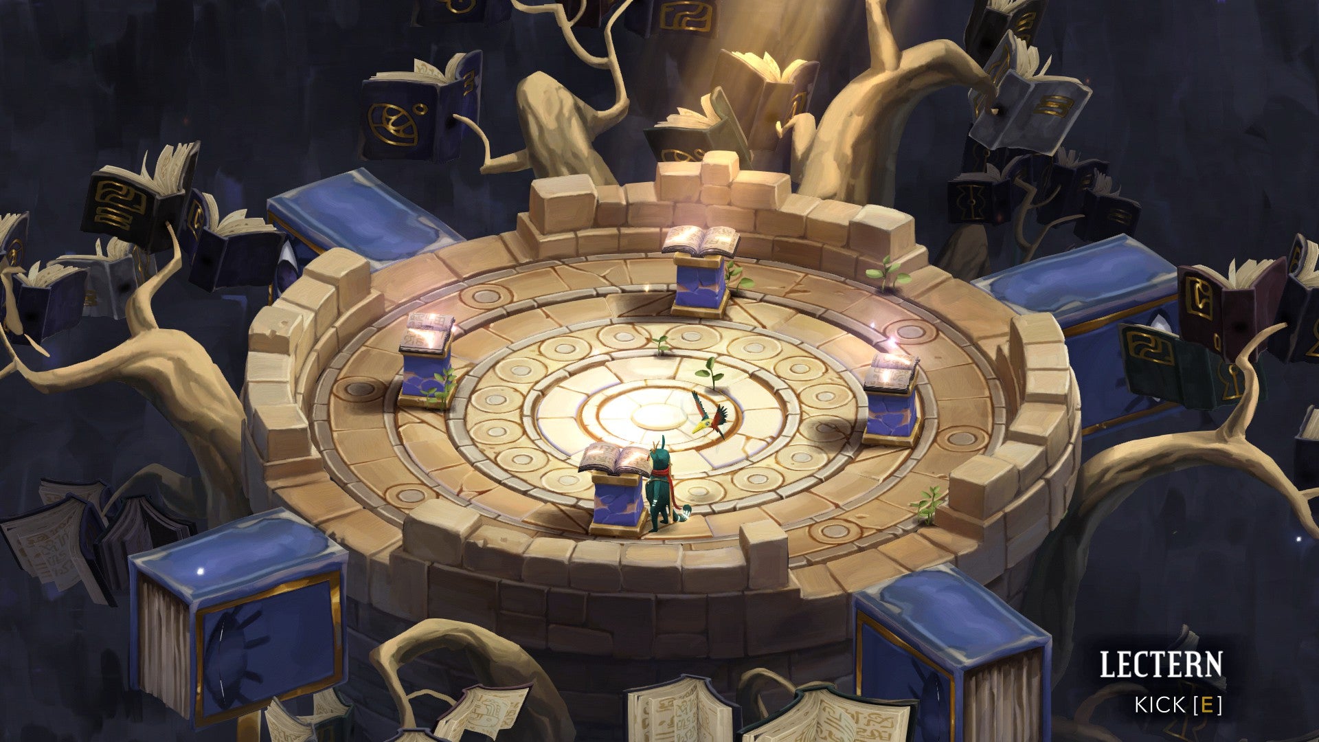 A Figment 2 screenshot showing Dusty and Pipe in the ethics maze solving a book puzzle