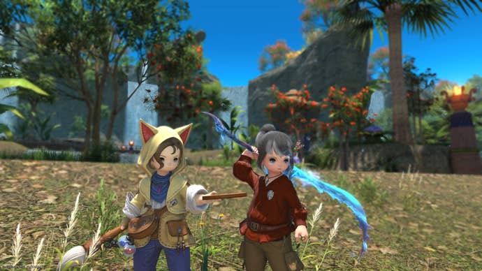 FF14: Dawntrail screenshot showing Player character and NPC Krile in Kozama’uka, a tropical setting.