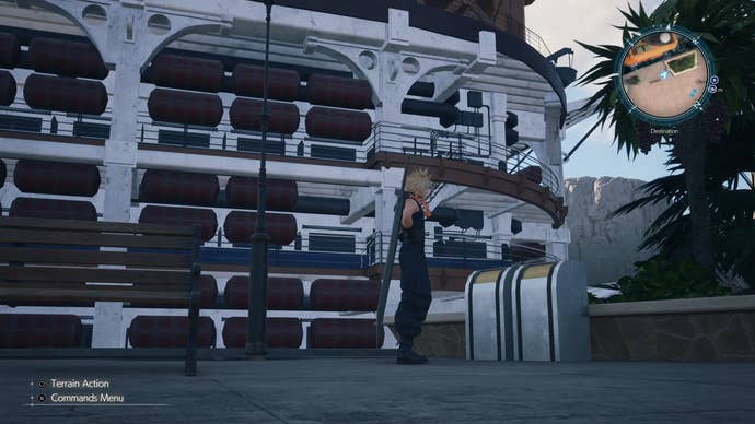 final fantasy 7 rebirth screenshot, showing simplistic or even non-existent lighting on manmade structures