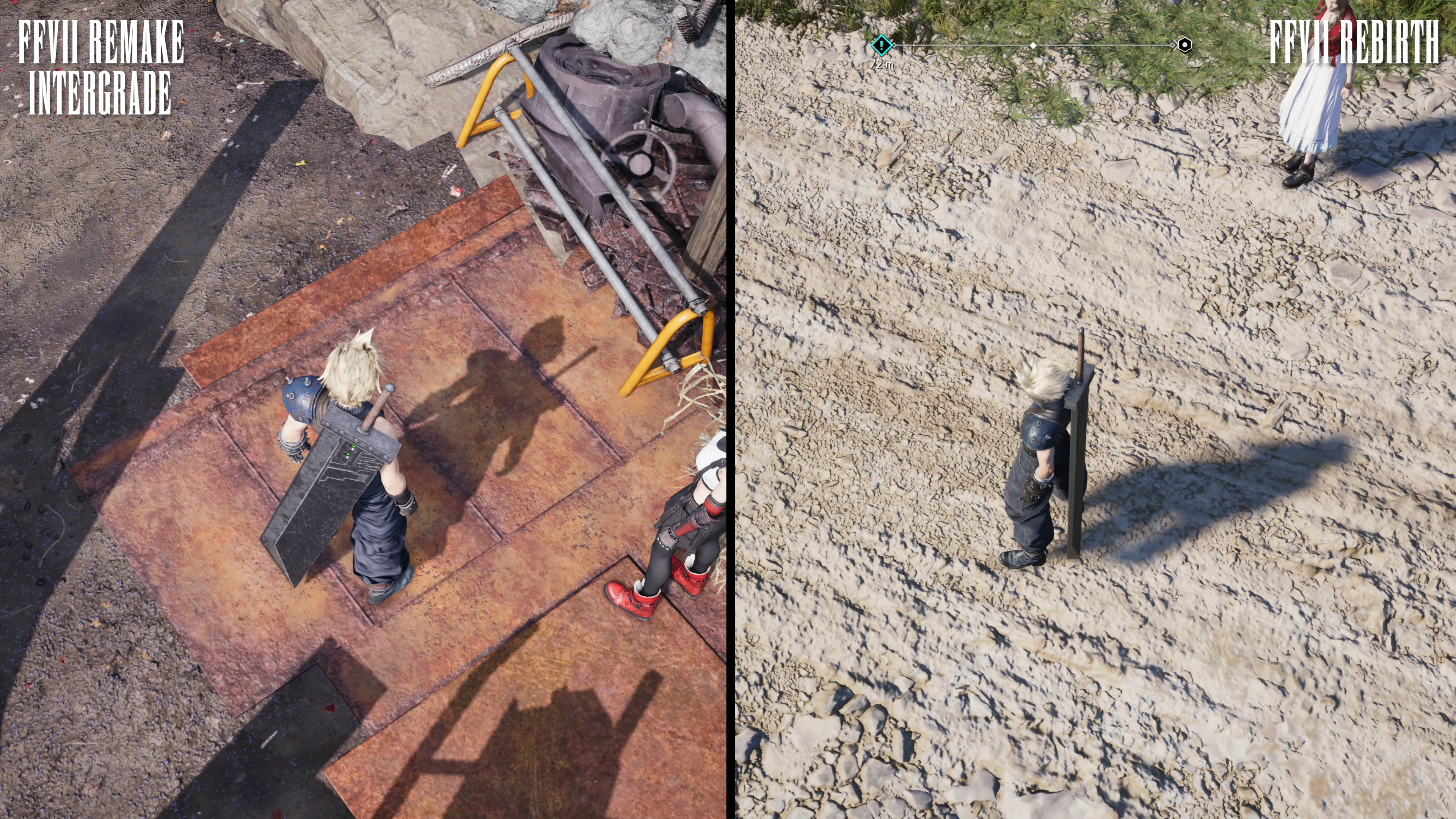final fantasy 7 rebirth vs remake intergrade screenshot, with the older game having higher-res shadows