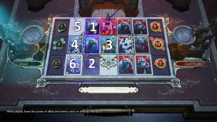 Numbers showing the order of cards to play during the A Kingly Clash Card Carnival challenge in Final Fantasy 7 Rebirth.