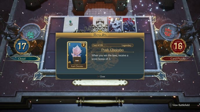 The Posh Chocobo Queen's Blood card rewards at the end of a Card Carnival challenge in Final Fantasy 7 Rebirth.