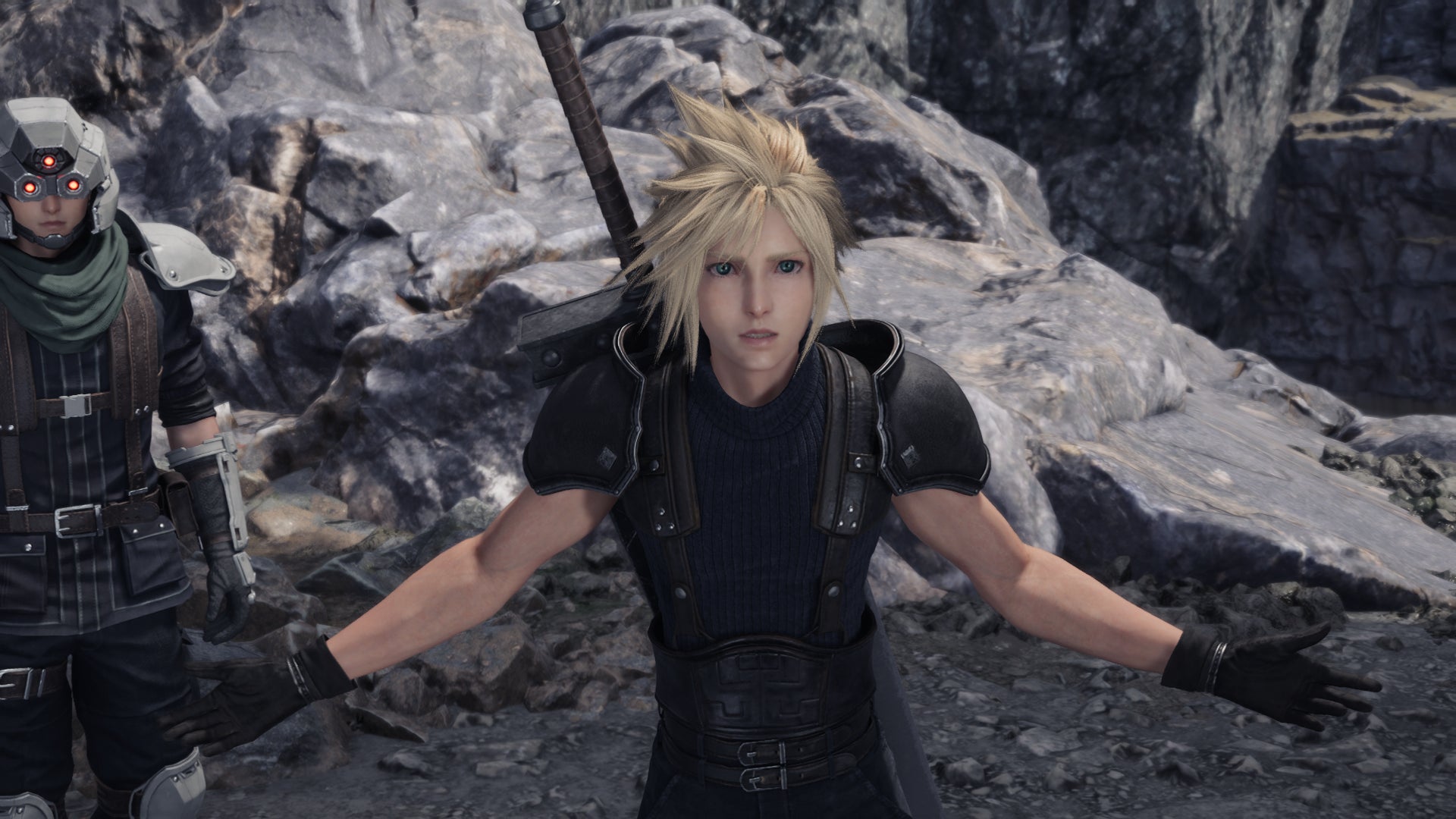 Cloud sticks his arms out in confused protest during a Final Fantasy 7 Rebirth cutscene. - 1
