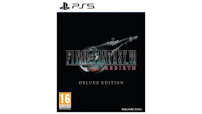 Final Fantasy 7 Rebirth Deluxe Edition box art featuring a black backroound and the Final Fantasy 7 Rebirth logo.