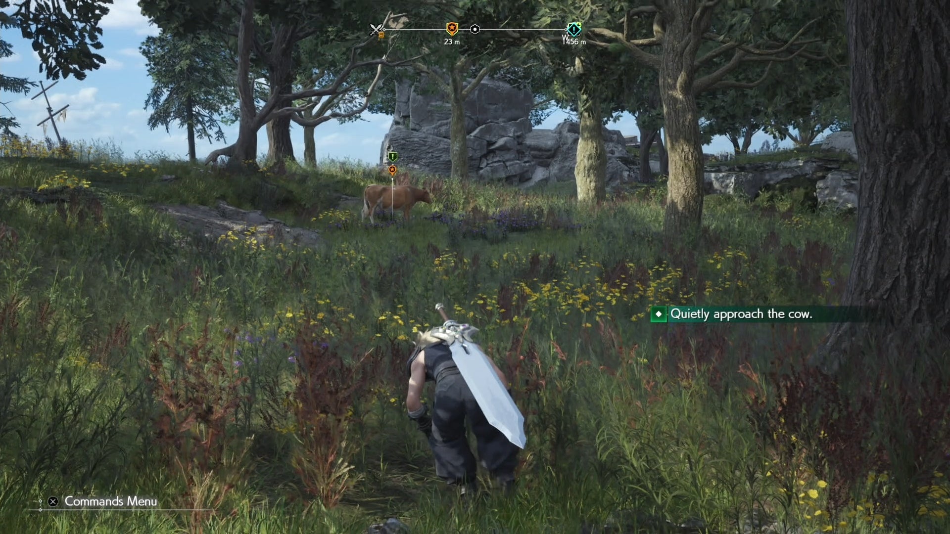 Cloud crouching in grass, silently approaching a cow.