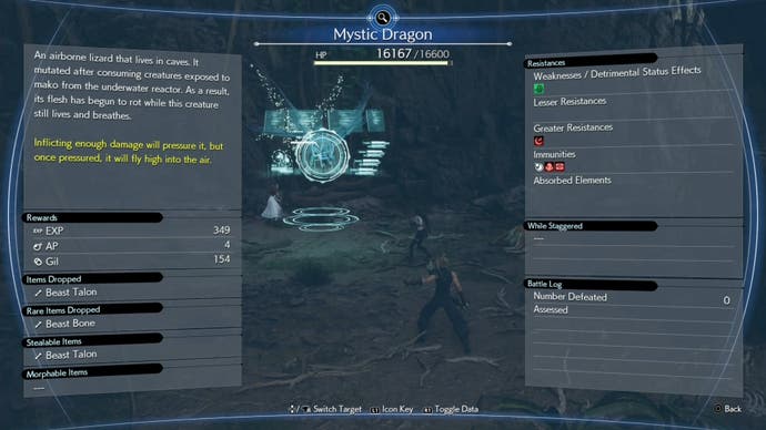 The assess menu view of the Mystic Dragon enemy during the Dreaming of Blue Skies side quest.