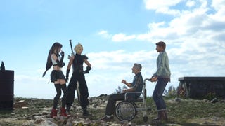 Cloud and Tifa speaking to Colin and a bird-watcher on a cliff near Crow's Nest in Junon.