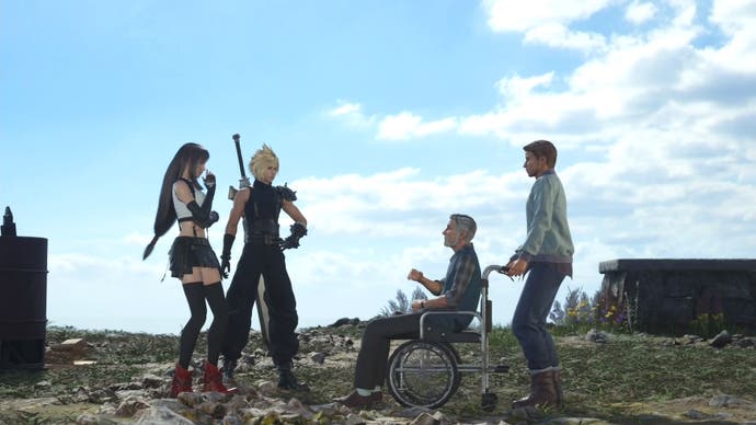 Cloud and Tifa speaking to Colin and a bird-watcher on a cliff near Crow's Nest in Junon.