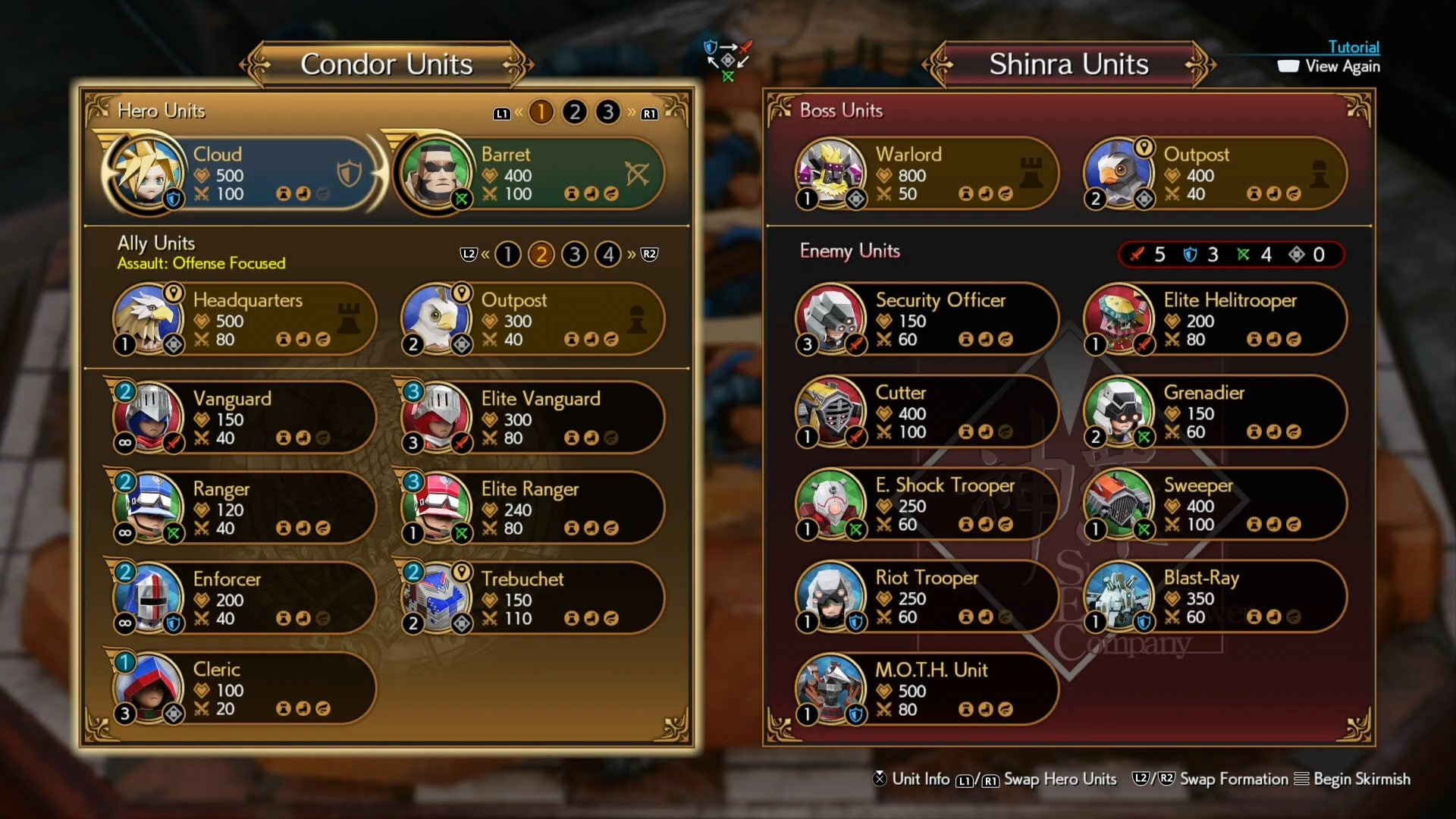 Formation and Hero selection for the Level 1 Fort Condor mingame in Final Fantasy 7 Rebirth.