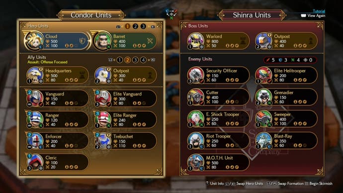 Formation and Hero selection for the Level 1 Fort Condor mingame in Final Fantasy 7 Rebirth.