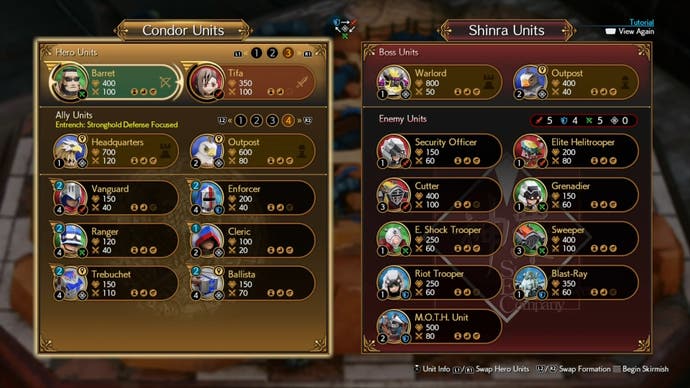 Formation and Hero selection for the Level 1 hard mode Fort Condor mingame in Final Fantasy 7 Rebirth.