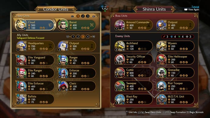 Formation and Hero selection for the Level 2 Fort Condor mingame in Final Fantasy 7 Rebirth.