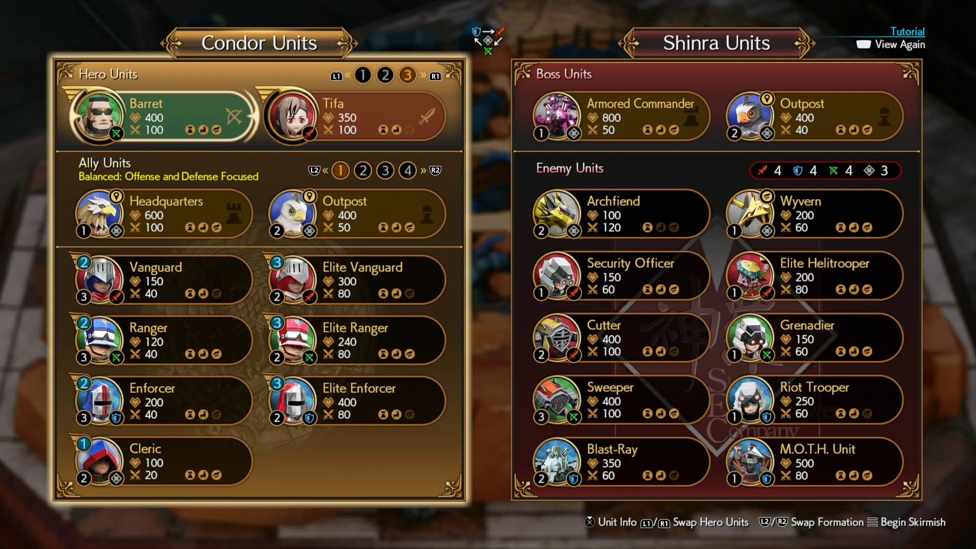 Formation and Hero selection for the Level 2 hard mode Fort Condor mingame in Final Fantasy 7 Rebirth.