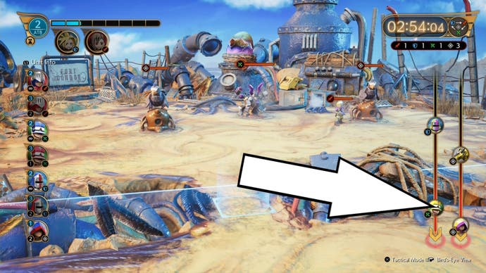 Arrow pointing to the enemy track showing who is coming next in Fort Condor minigame of Final Fantasy 7 Rebirth.