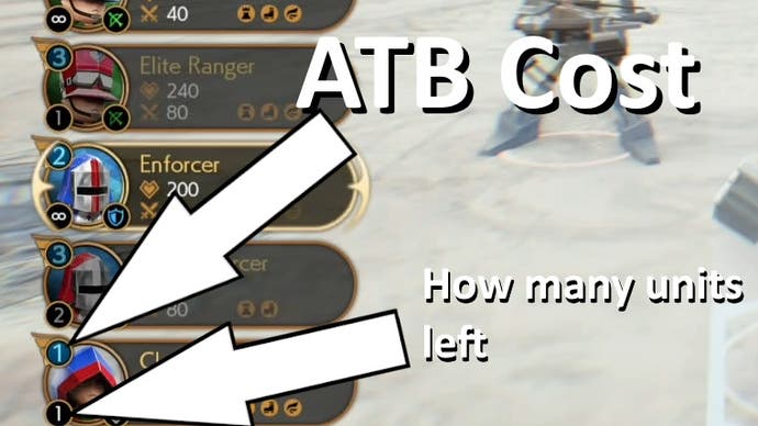 Arrows showing the ATB cost and how many units are left to deploy in the Fort Condor minigame in Final Fantasy 7 Rebirth.