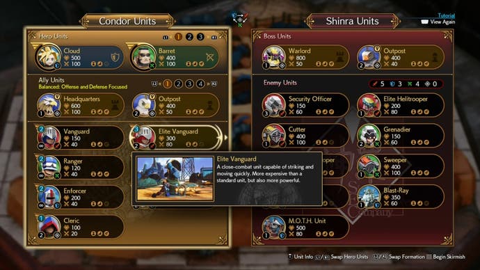 Formation and Hero selection for Fort Condor mingame in Final Fantasy 7 Rebirth.