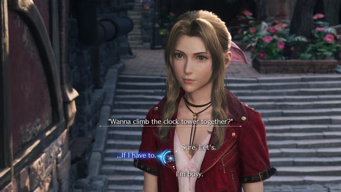 Making a grumpy dialogue choice in Kalm with Aerith in Final Fantasy 7 Rebirth.