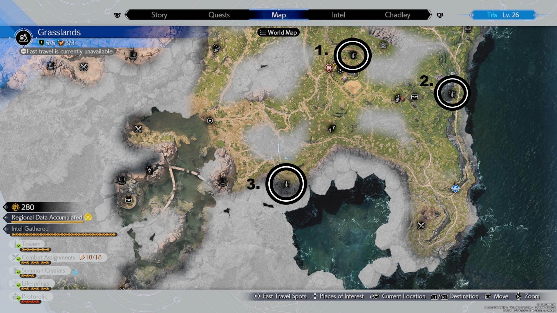 A map of the Grasslands region with the first, second and third Remnawave Towers circled.