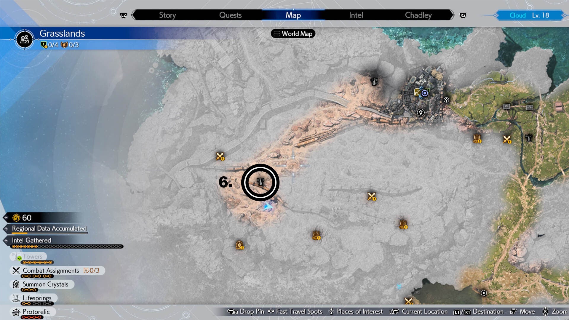 A map of the Grasslands region with the sixth Remnawave Towers circled.