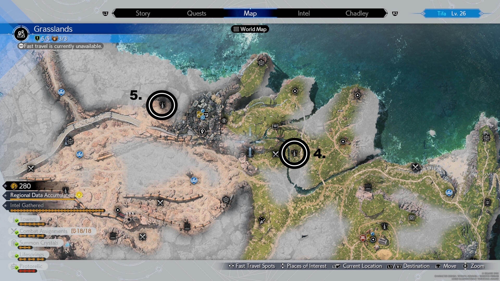 A map of the Grasslands region with the fourth and fifth Remnawave Towers circled.