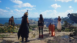 Cloud, Tifa, Aerith, Barret and Red 13 stand overlooking a vast open area in Final Fantasy 7 Rebirth.