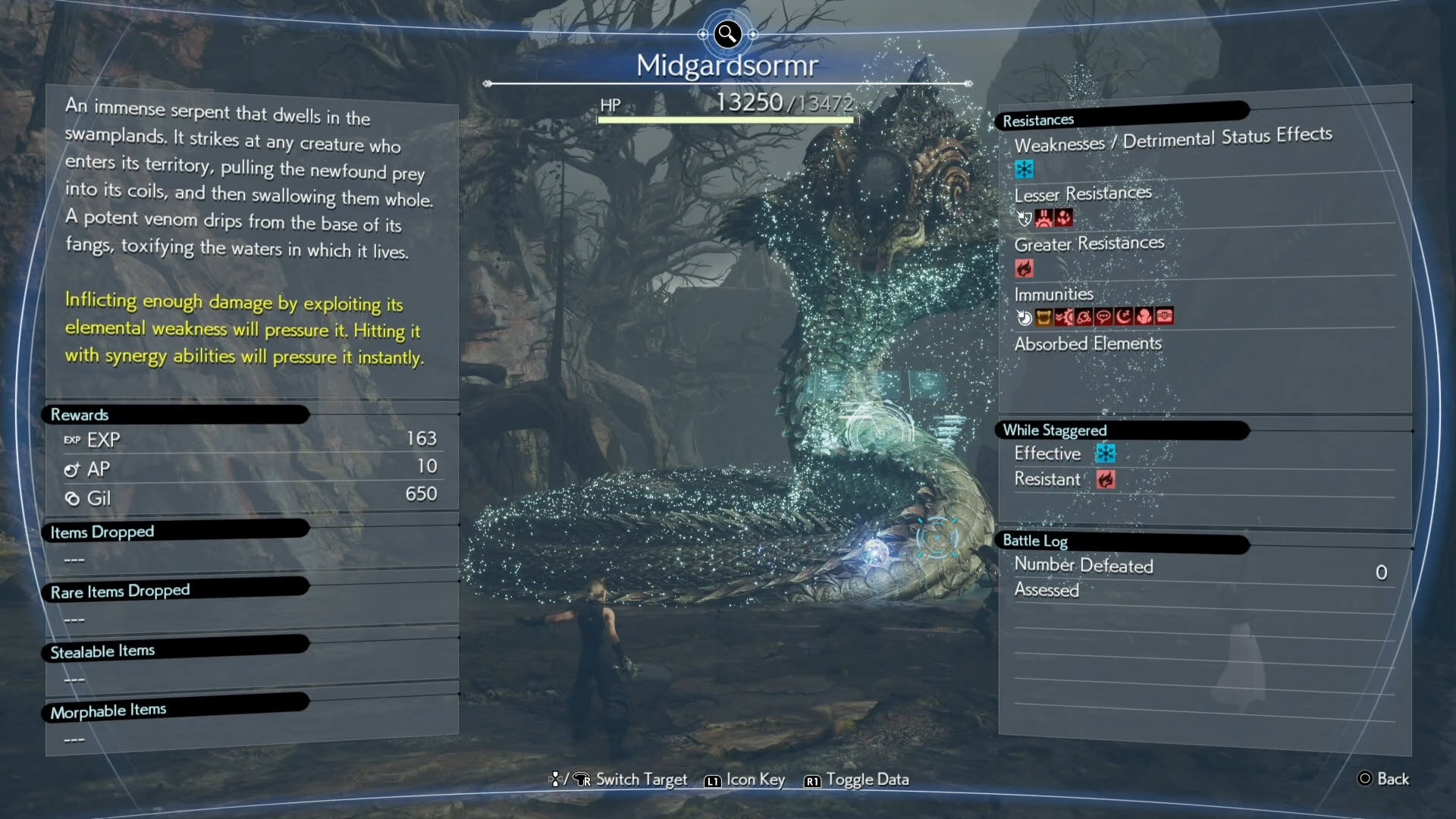 The Assess menu view of Midgardsormr boss in Final Fantasy 7 Rebirth.