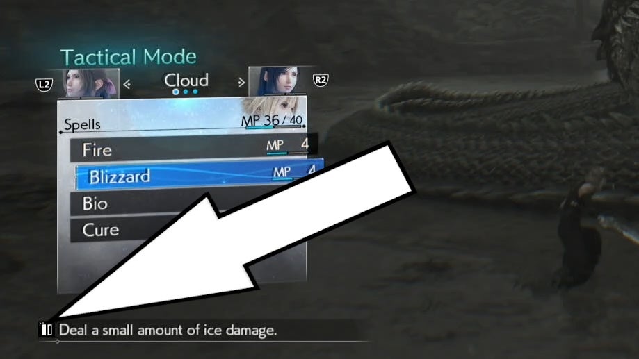 A white arrow pointing at the Synergy Ability symbol at the bottom left corner of the Tactical Mode menu in battle in Final Fanatsy 7 Rebirth.