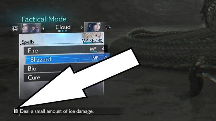 A white arrow pointing at the Synergy Ability symbol at the bottom left corner of the Tactical Mode menu in battle in Final Fanatsy 7 Rebirth.