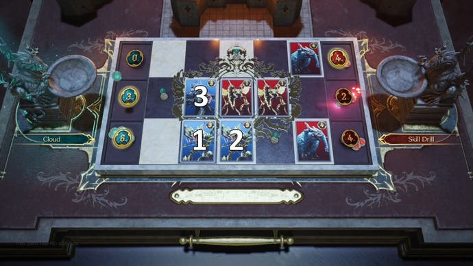 Numbers showing the order of cards to play during the Power-Down Practice Card Carnival challenge in Final Fantasy 7 Rebirth.