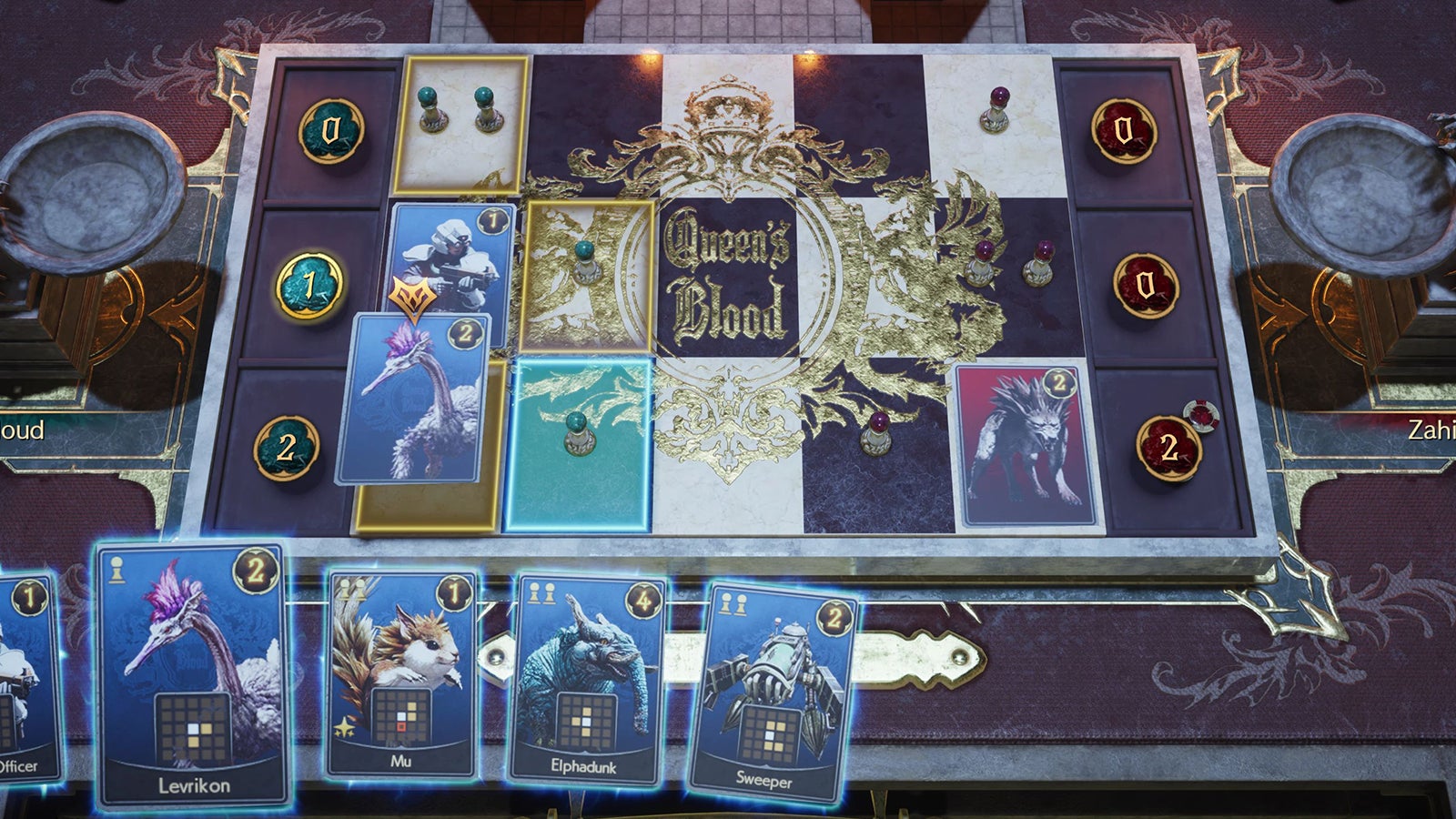 A playing board used for the Queen&rsquo;s Blood card mini-game in Final Fantasy 7 Rebirth.