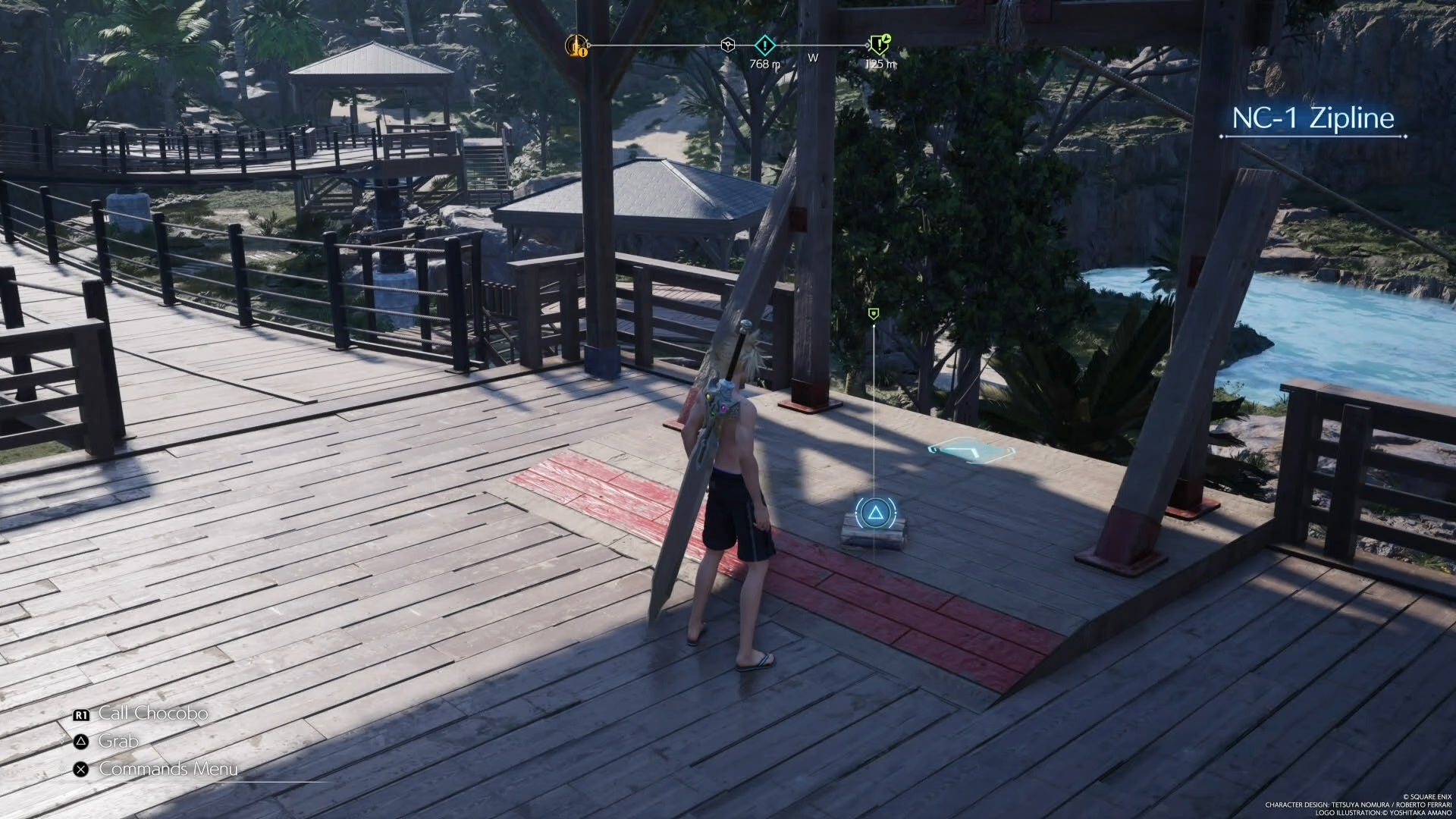 Cloud looking at a refurbishment material on top of a zipline in Final Fantasy 7 Rebirth.