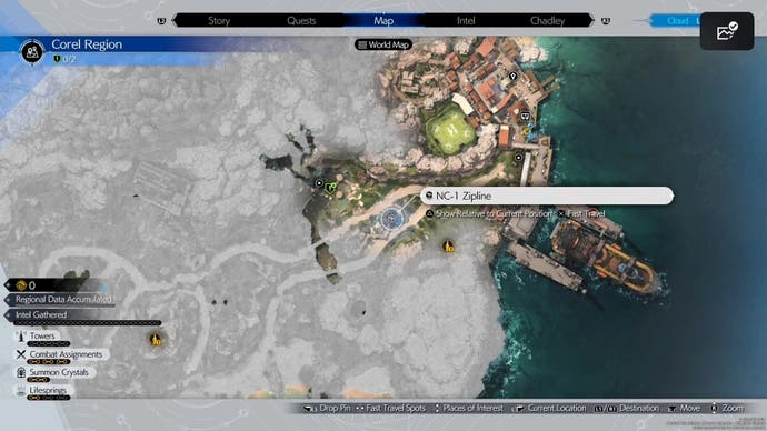 Corel region Map view of a zipline location with refurishment materials in Final Fantasy 7 Rebirth.