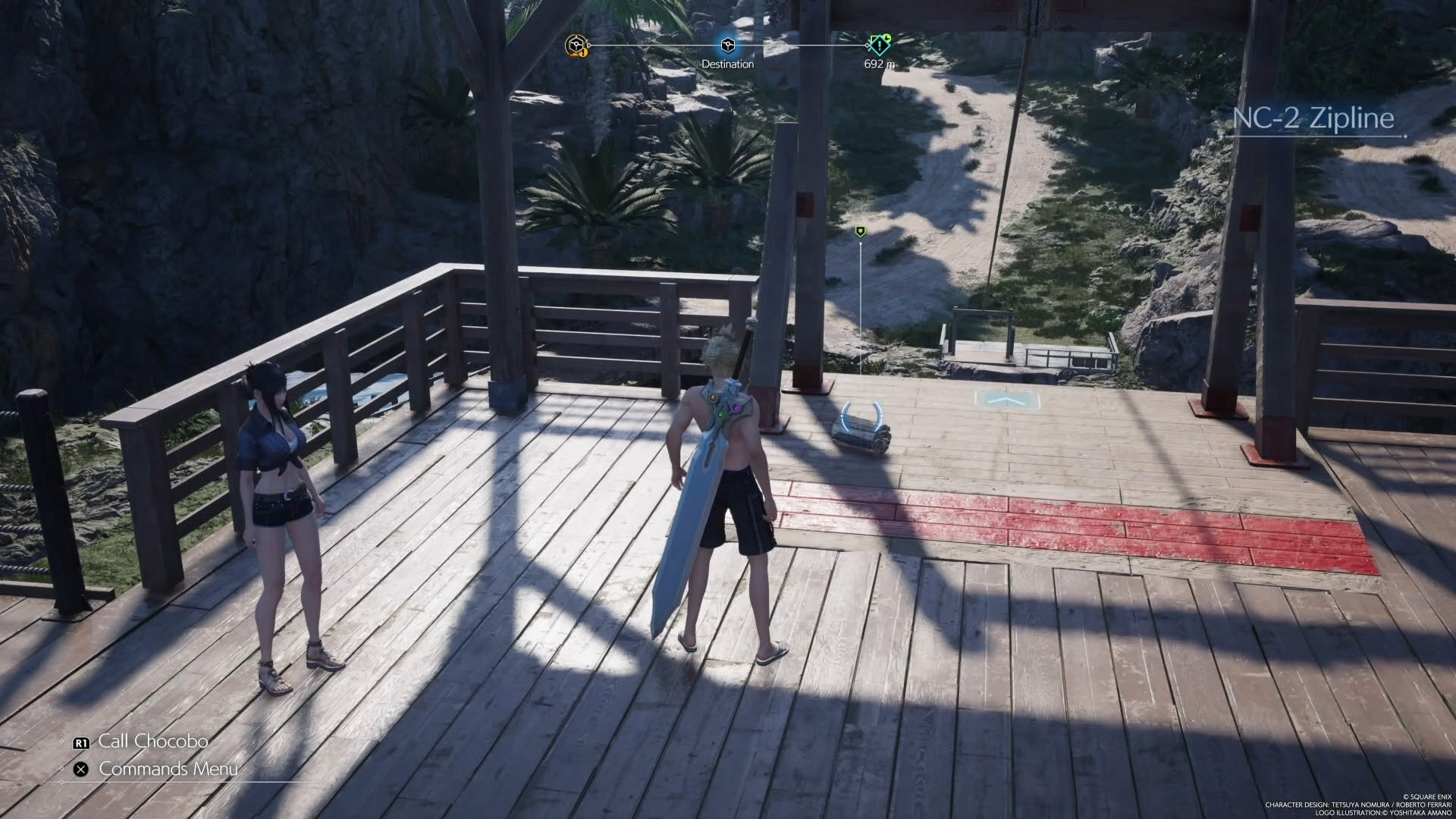 Cloud looking at a refurbishment material on top of a zipline in Final Fantasy 7 Rebirth.