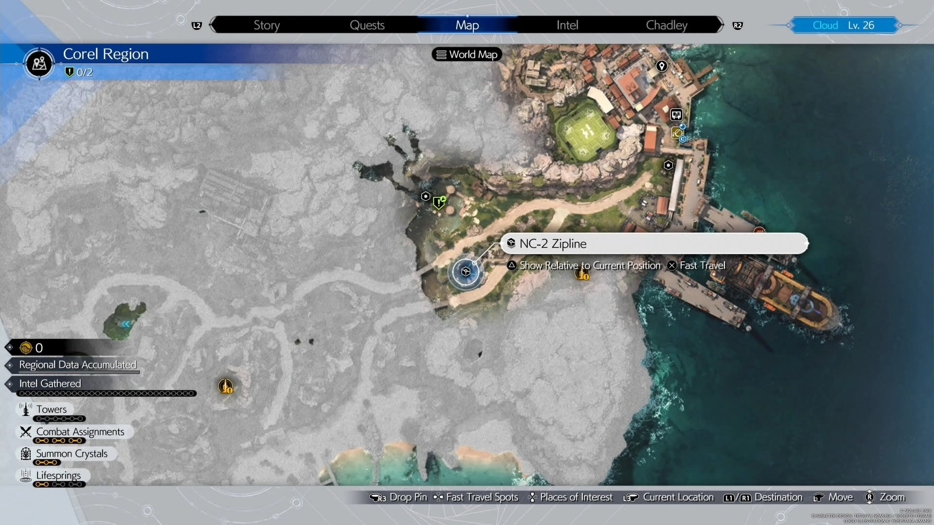 Corel region Map view of a zipline location with refurishment materials in Final Fantasy 7 Rebirth.