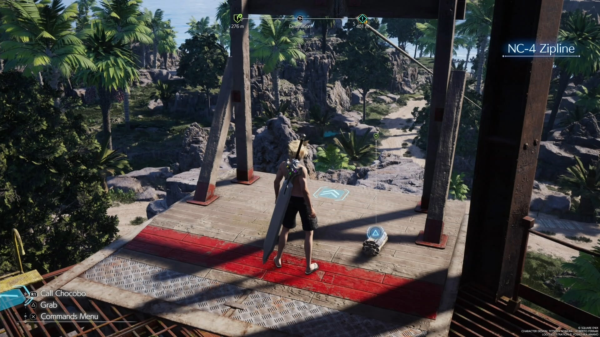 Cloud looking at a refurbishment material on top of a zipline in Final Fantasy 7 Rebirth.