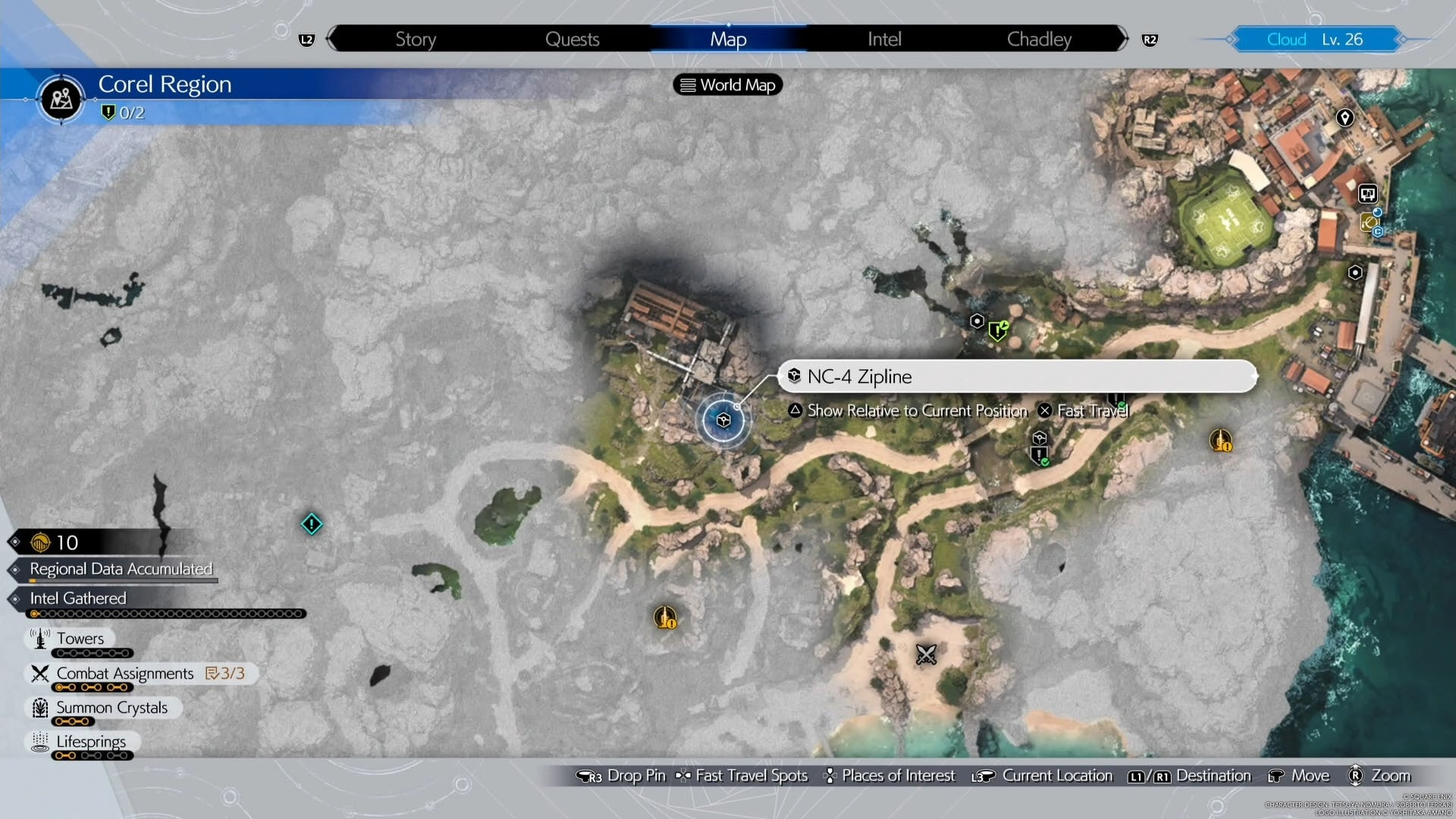 Corel region Map view of a zipline location with refurishment materials in Final Fantasy 7 Rebirth.