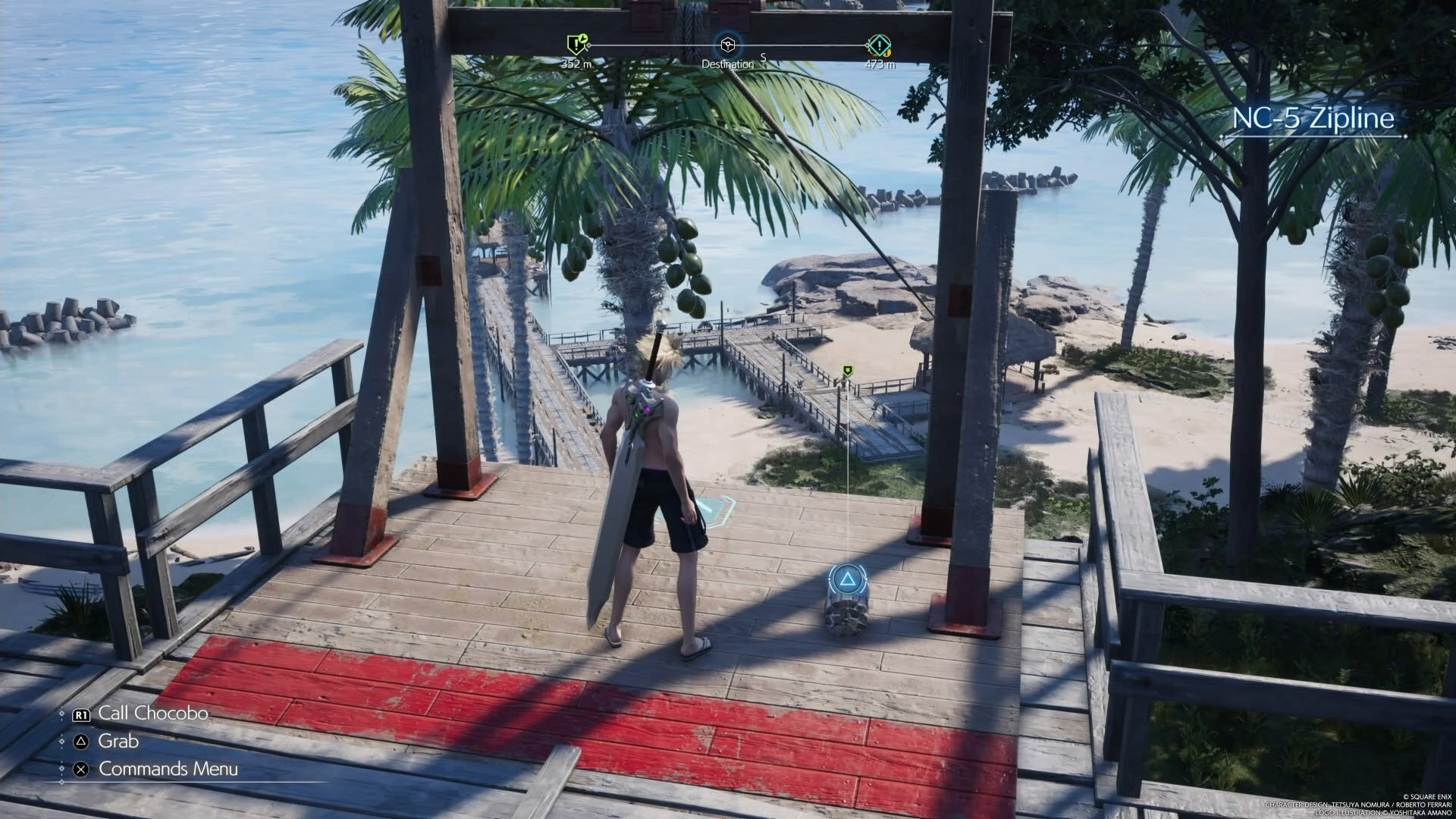 Cloud looking at a refurbishment material on top of a zipline in Final Fantasy 7 Rebirth.