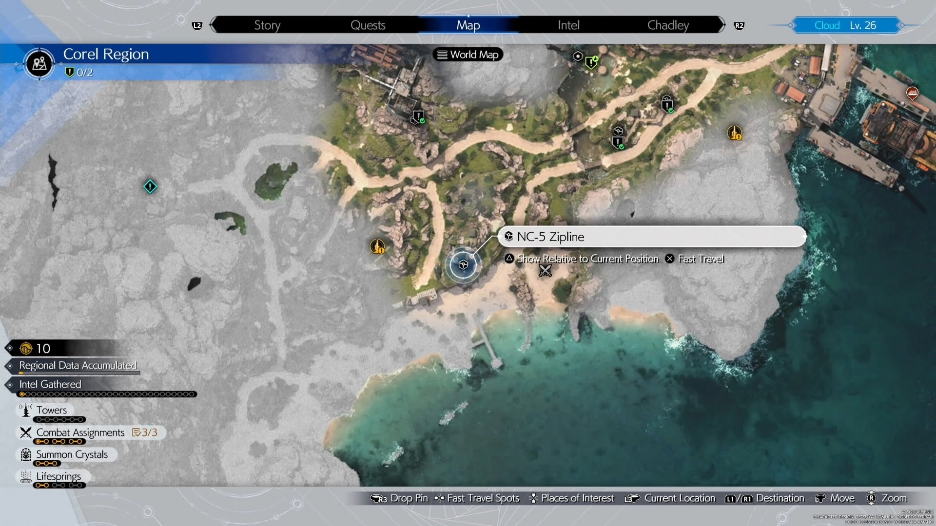 Corel region Map view of a zipline location with refurishment materials in Final Fantasy 7 Rebirth.
