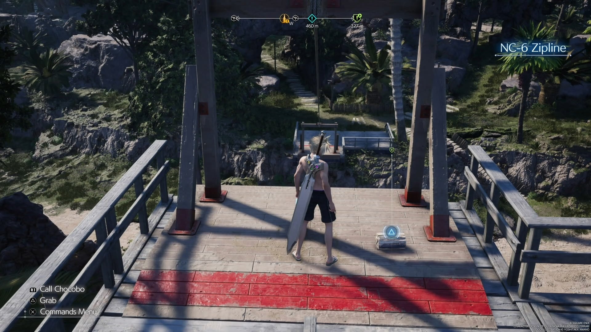 Cloud looking at a refurbishment material on top of a zipline in Final Fantasy 7 Rebirth.