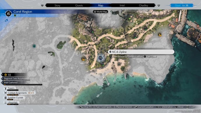 Corel region Map view of a zipline location with refurishment materials in Final Fantasy 7 Rebirth.