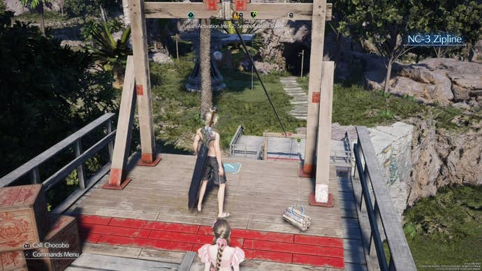 Cloud looking at a refurbishment material on top of a zipline in Final Fantasy 7 Rebirth.