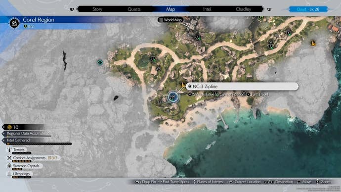 Corel region Map view of a zipline location with refurishment materials in Final Fantasy 7 Rebirth.