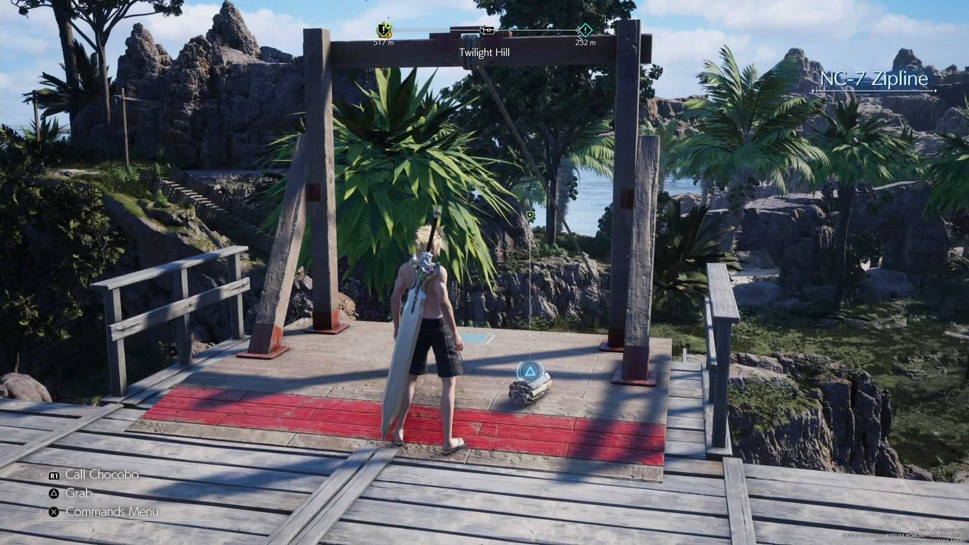 Cloud looking at a refurbishment material on top of a zipline in Final Fantasy 7 Rebirth.