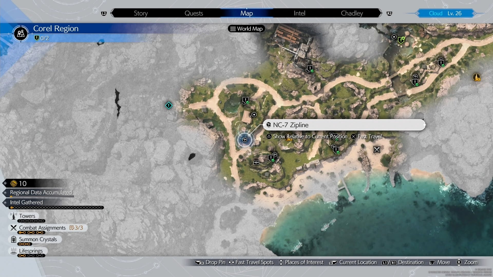 Corel region Map view of a zipline location with refurishment materials in Final Fantasy 7 Rebirth.
