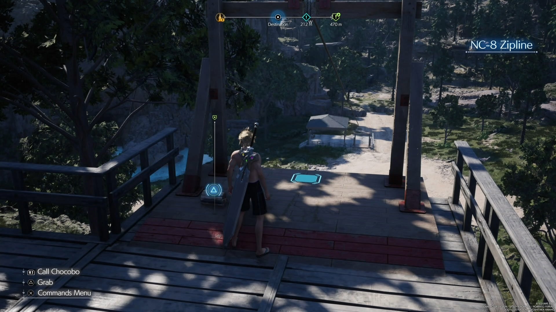 Cloud looking at a refurbishment material on top of a zipline in Final Fantasy 7 Rebirth.