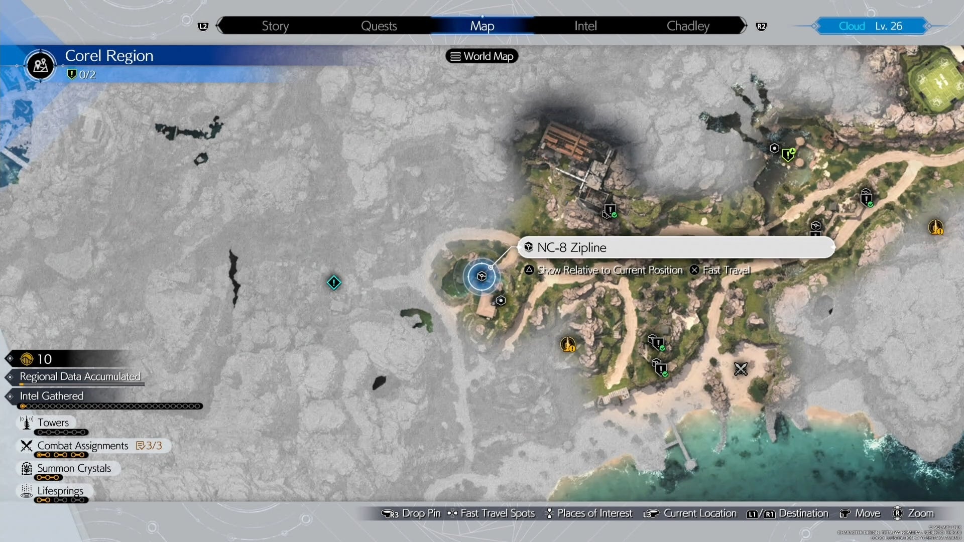 Corel region Map view of a zipline location with refurishment materials in Final Fantasy 7 Rebirth.